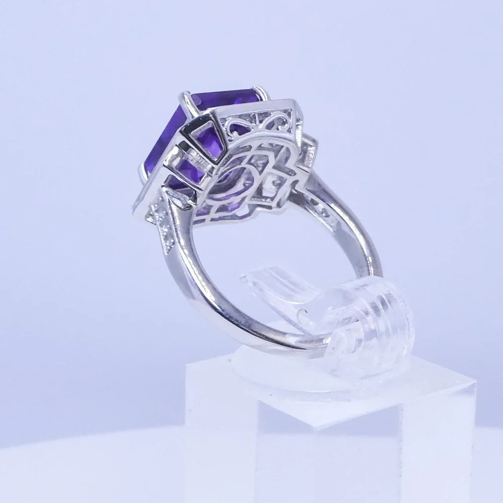 D'Joy Platinum Over 925 Silver Purple Amethyst Zircon Deco Halo Ring 7